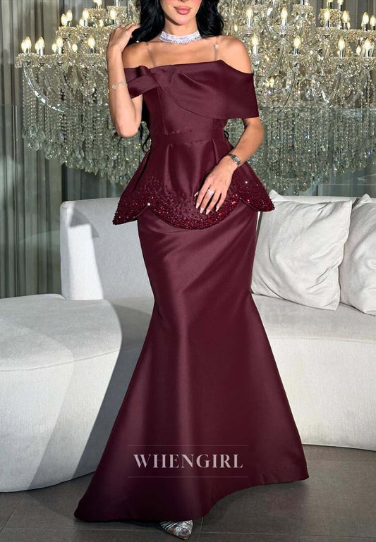 Burgundy Off Shoulder Beaded Mermaid Formal Dress Floor Length Evening Dress