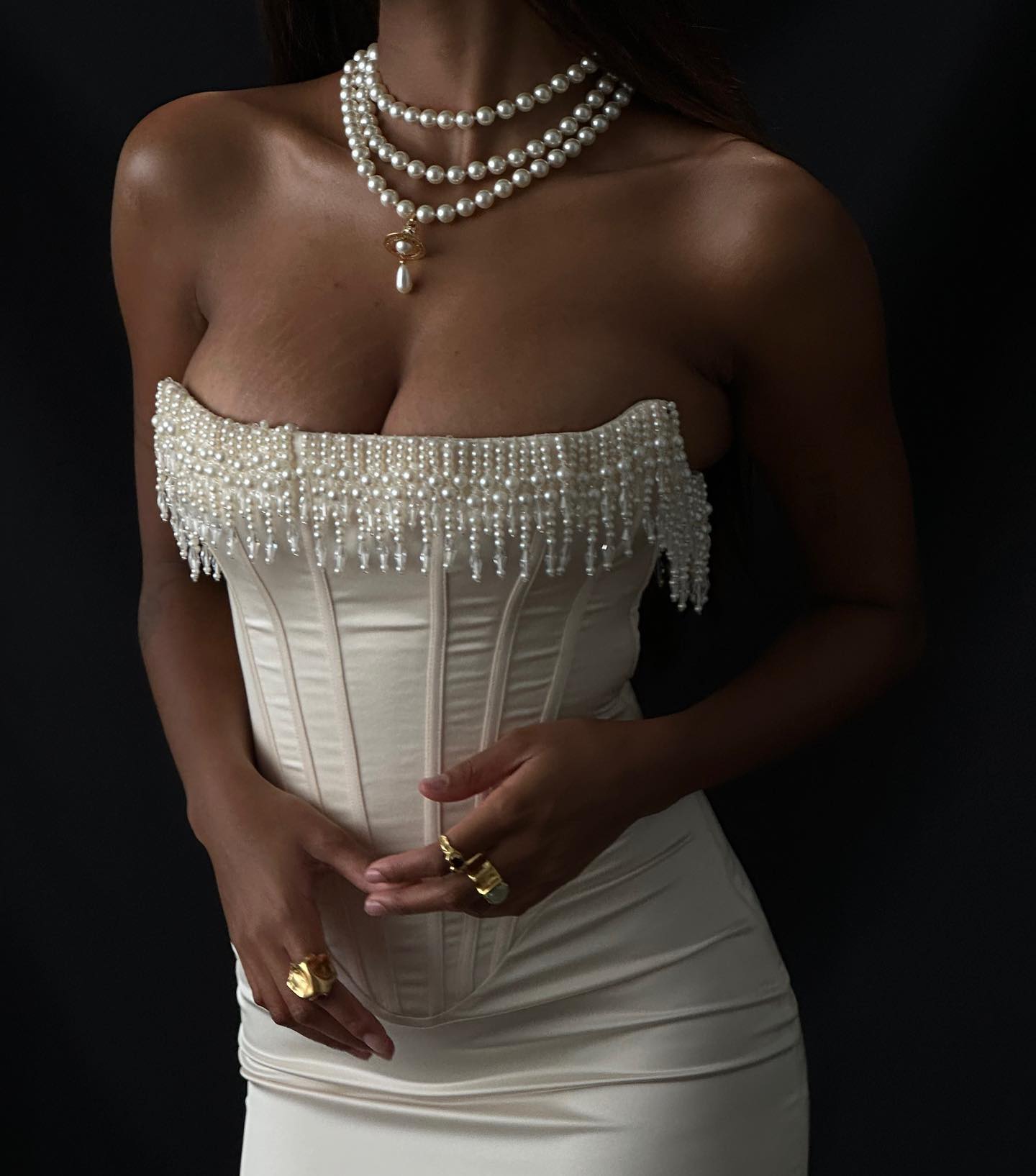 Strapless Pearls Tassel Sheath Midi Dress