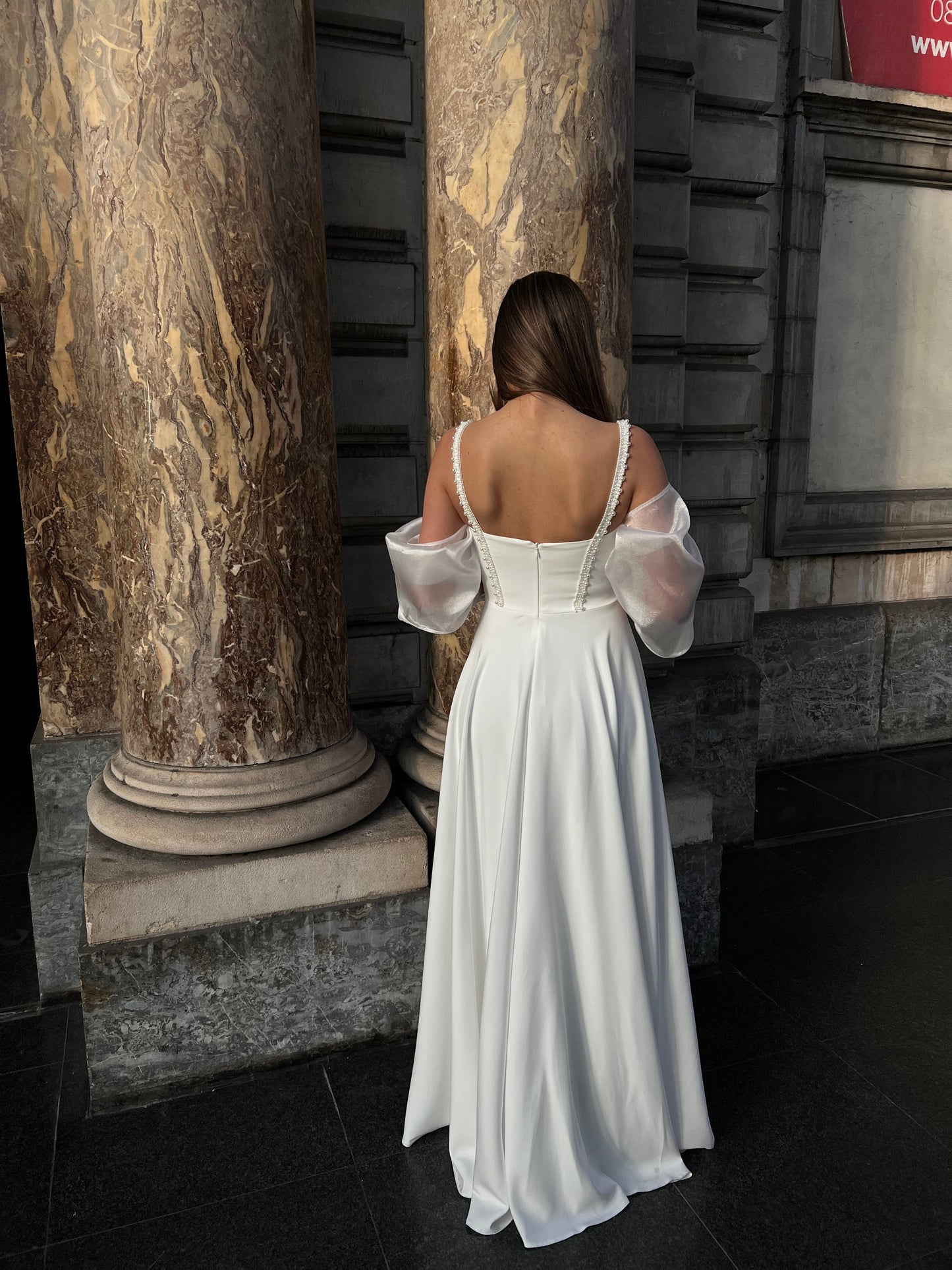 A-Line Suqare Neck Floor Length Ruched Wedding Dress with Gloves