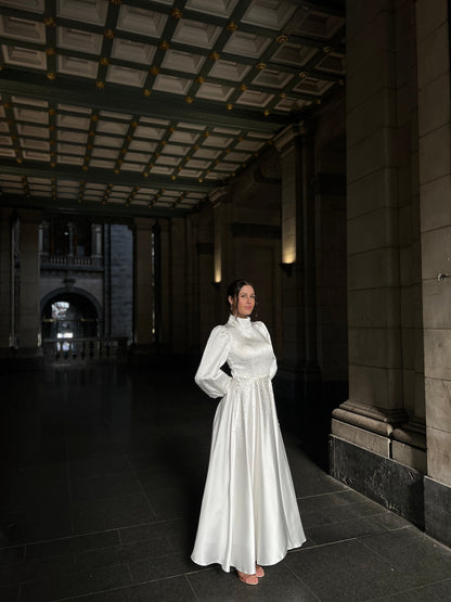 Satin High Neck Long Sleeves Pleated A-Line Simple Wedding Dress