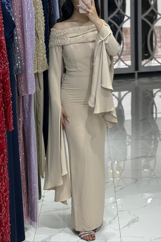Beige Off Shoulder Long Sleeves Beaded Ruched Evening Dress