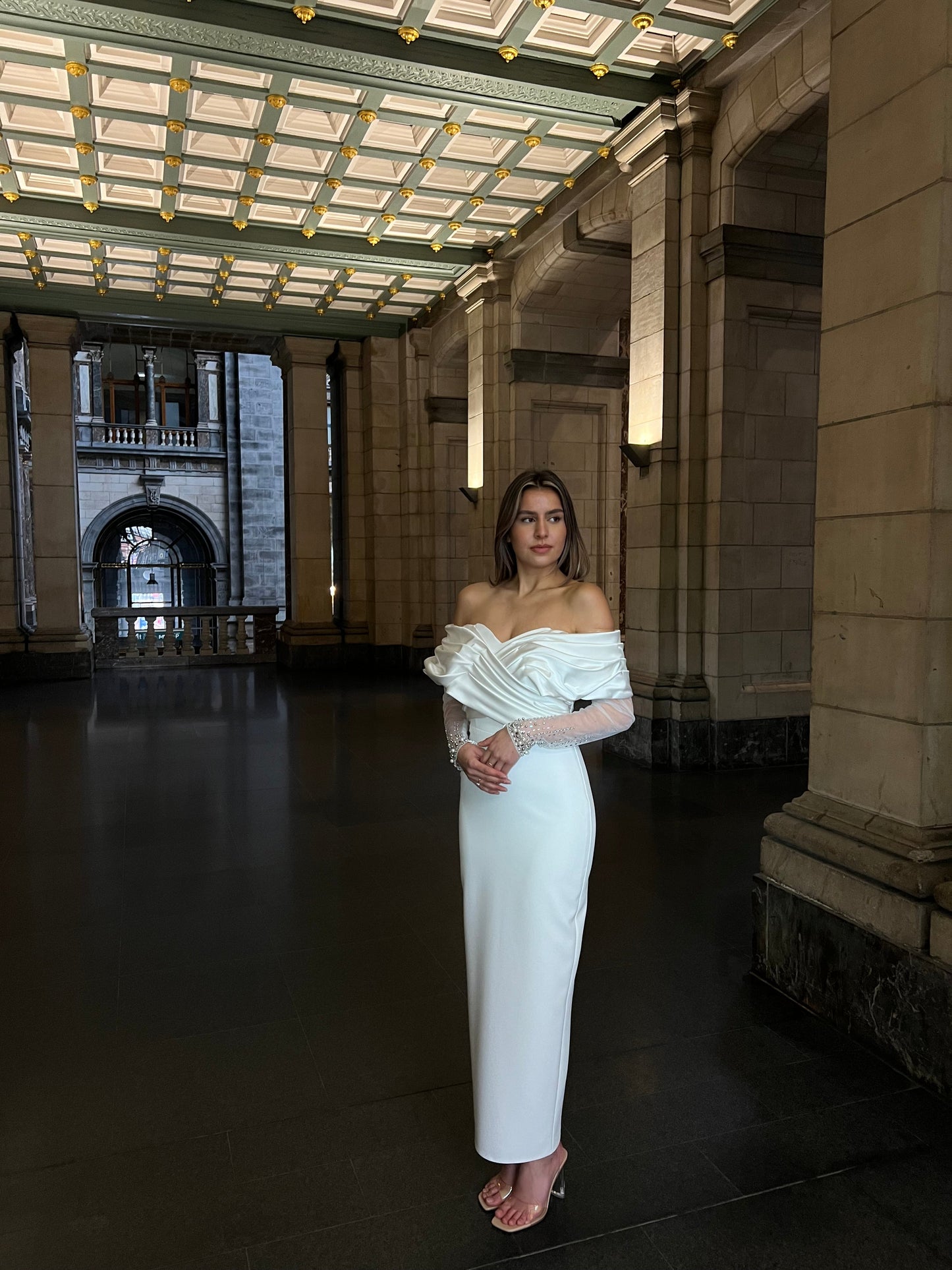 Sheath Off Shoulder Long Sleeves Ankle Length Wedding Dress