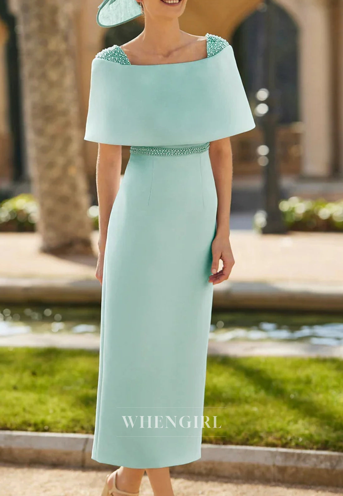 Sheath Square Neck Beaded Bowknot Short Sleeves Mother of the Bride Dress