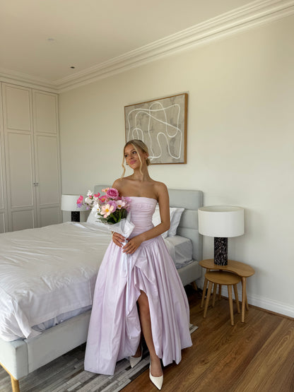 Pink Tube Top Slit Ruched Sleeveless Prom Dress