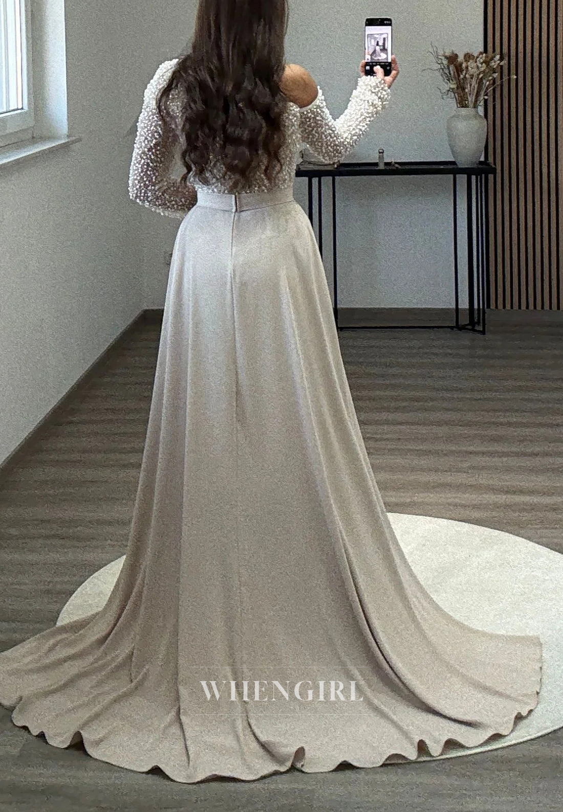 Asymmetrical Neck Beaded Long Sleeves Sheath Sweep Train Evening Formal Dress