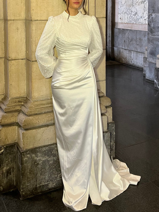 Simple High Neck Long Sleeves Ruched Sheath Wedding Dress