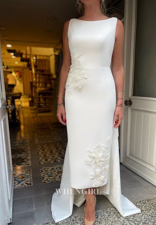 Sheath Asymmetrical Satin Sleeveless Appliqued Elegant Wedding Dress