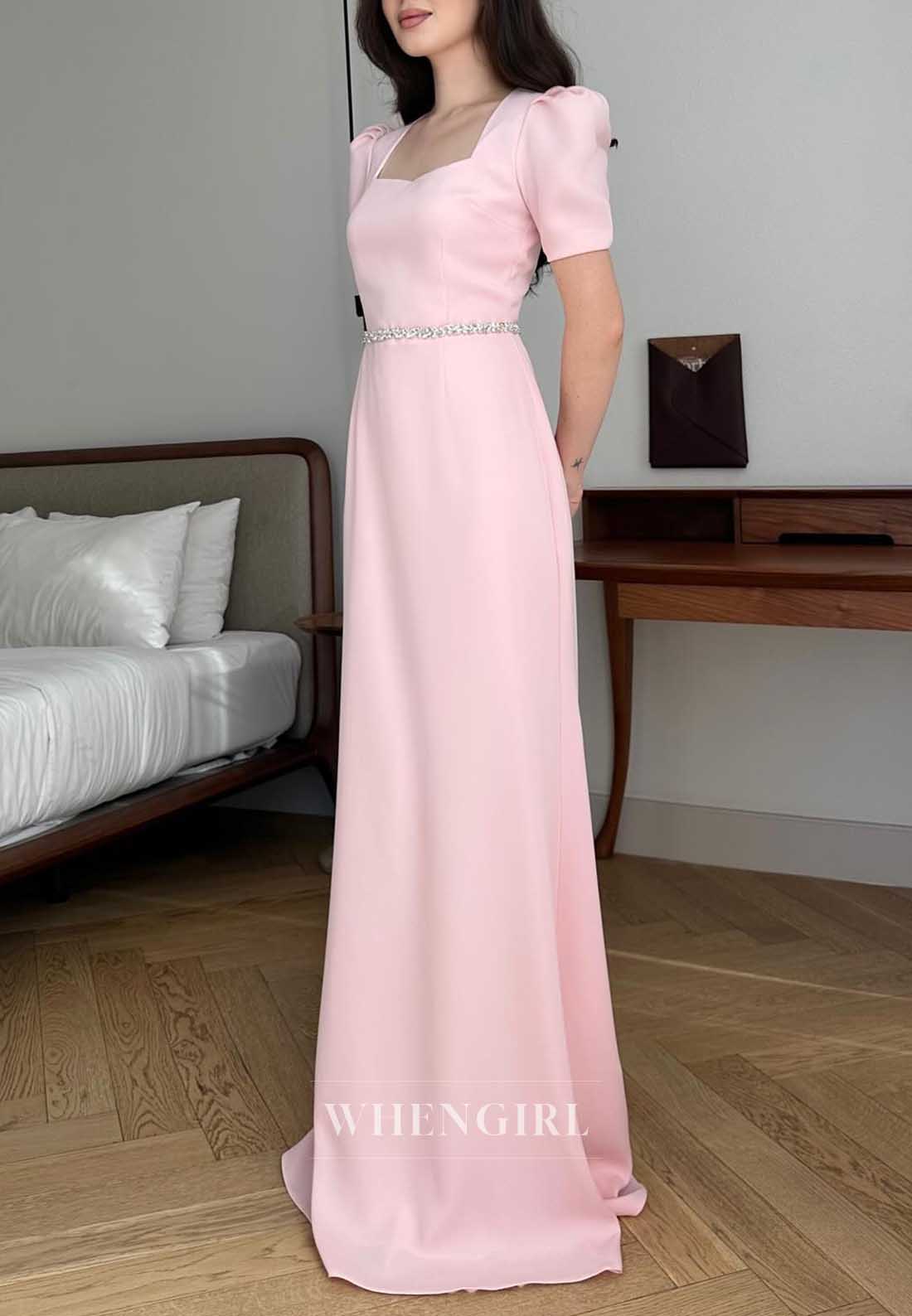 Blush Pink Puff Sleeve Square Neck Rhinestone Waist Maxi Cocktail Dress