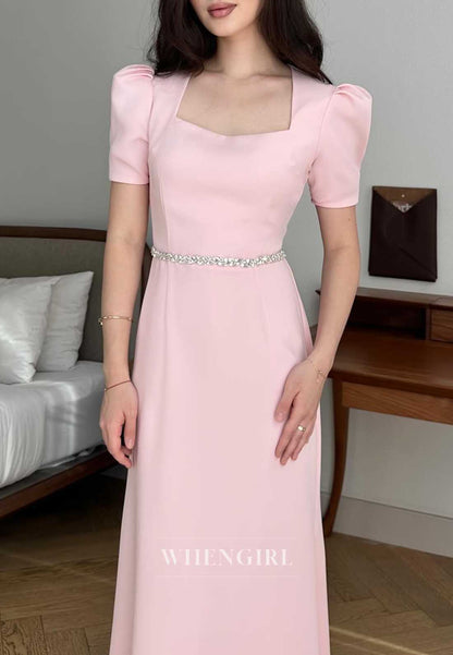 Blush Pink Puff Sleeve Square Neck Rhinestone Waist Maxi Cocktail Dress