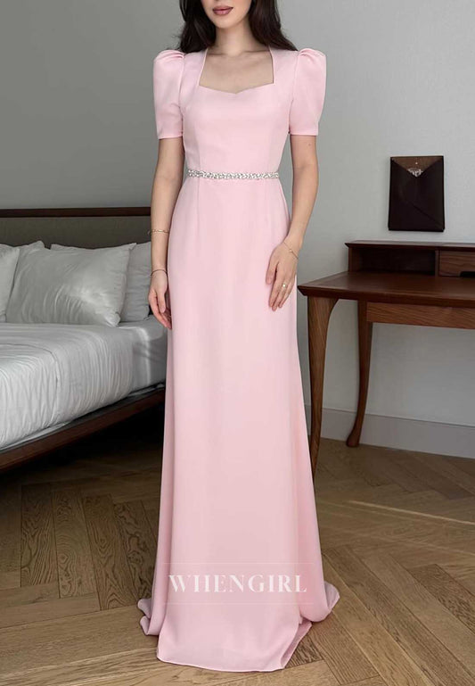 Blush Pink Puff Sleeve Square Neck Rhinestone Waist Maxi Cocktail Dress