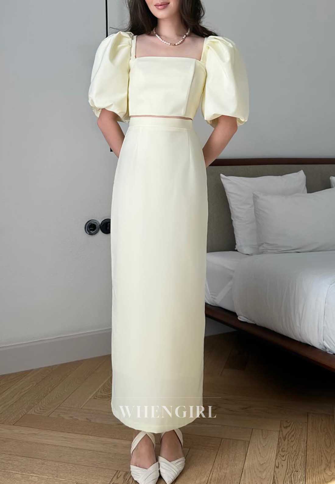 Cream Puff Sleeve Square Neck Two Piece Midi Formal Cocktail Dress