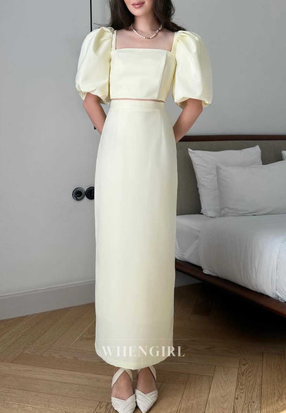 Cream Puff Sleeve Square Neck Two Piece Midi Formal Cocktail Dress