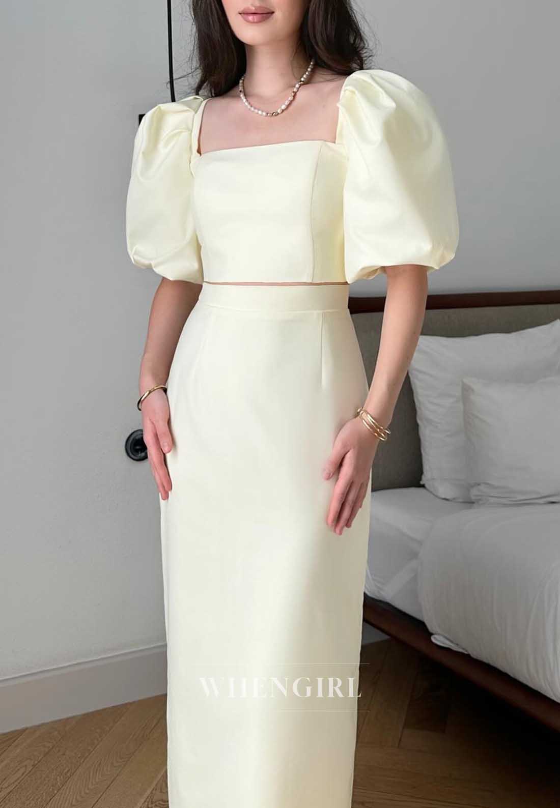 Cream Puff Sleeve Square Neck Two Piece Midi Formal Cocktail Dress