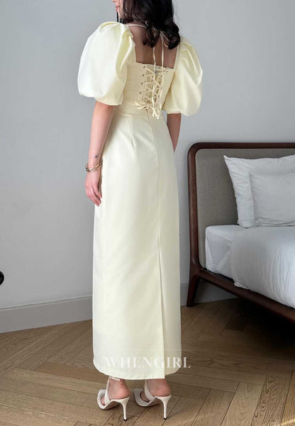 Cream Puff Sleeve Square Neck Two Piece Midi Formal Cocktail Dress