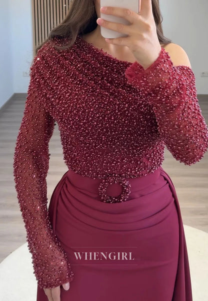 Asymmetrical Neck Beaded Long Sleeves Sheath Sweep Train Evening Formal Dress