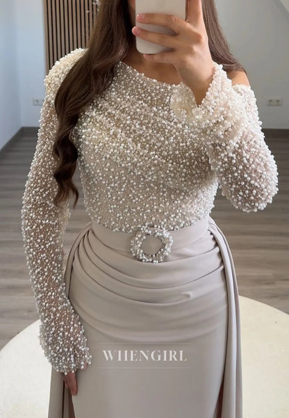 Asymmetrical Neck Beaded Long Sleeves Sheath Sweep Train Evening Formal Dress