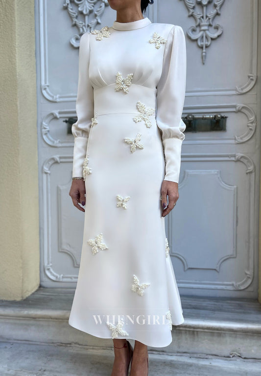 Mermaid Satin Hig Neck Long Sleeve Butterfly Beaded Wedding Dress