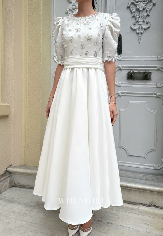 A-Line Satin Ankle-Length Puffy Sleeves Scoop Floral Beading Wedding Dress