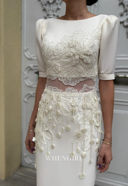 Sheath Half Sleeves Flower Bateau Beaded Satin Wedding Dress