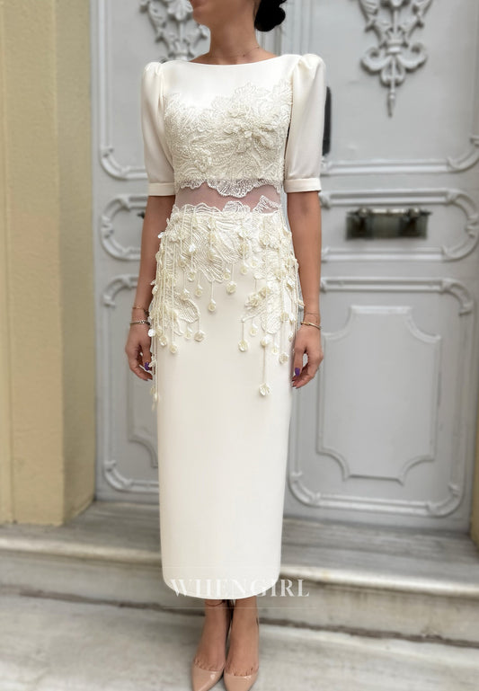 Sheath Half Sleeves Flower Bateau Beaded Satin Wedding Dress