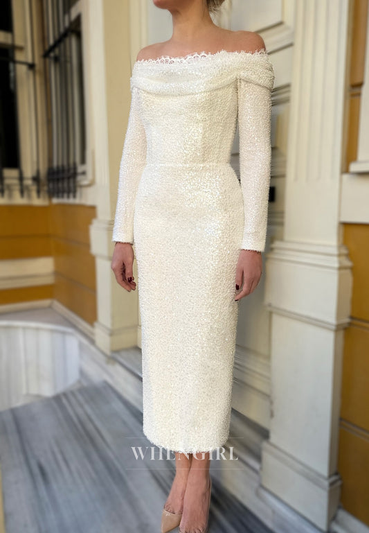 Sheath Beading Lace Sequins Off the Shoulder Wedding Dress with Long Sleeves