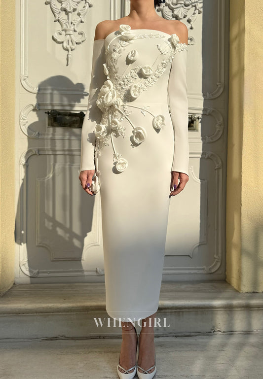 Sheath Long Sleeves Strapless Satin Ankle Length Graceful Wedding Dress with Flowers