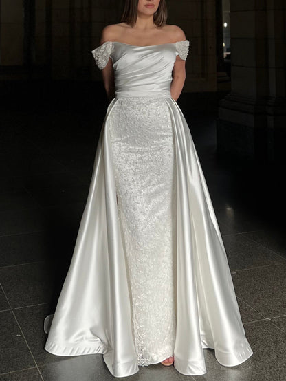 Sheath Off Shoulder Beaded Ruched Wedding Dress with Detachable Train