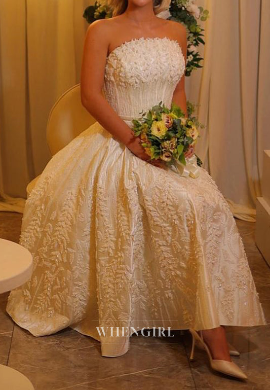 A-Line Satin Beaded Ankle-Length Lace up Sleeveless Wedding Dress