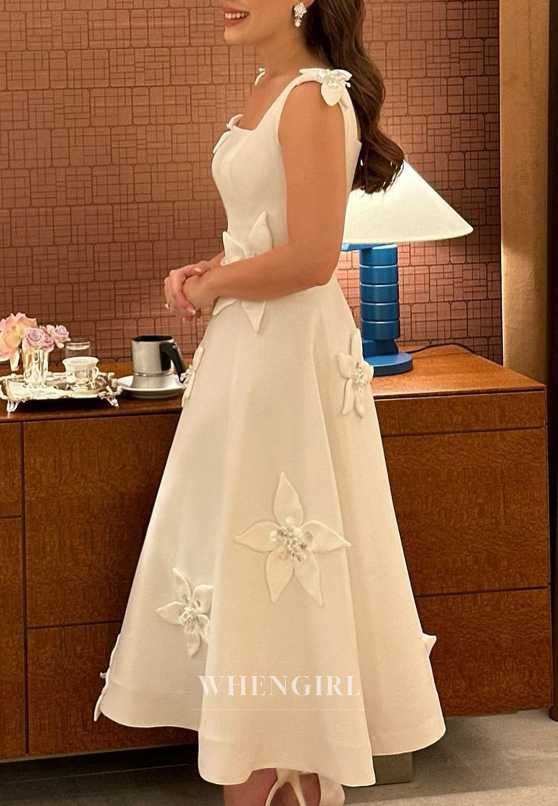 A-Line Satin Square Neck Ankle Length Wedding Dress with Flowers WhenGirl A-Line Satin Square Neck Ankle Length Wedding Dress with Flowers WhenGirl