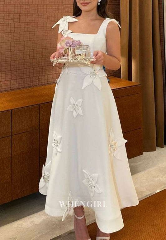 A-Line Satin Square Neck Ankle Length Wedding Dress with Flowers