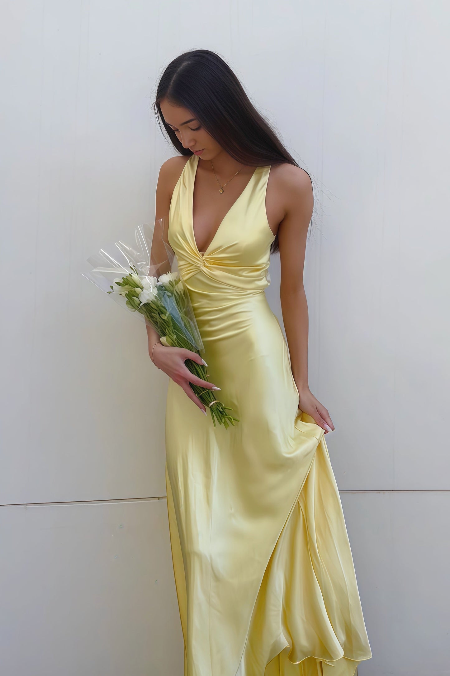 Lavender V-Neck Satin Front-knot Party Dress