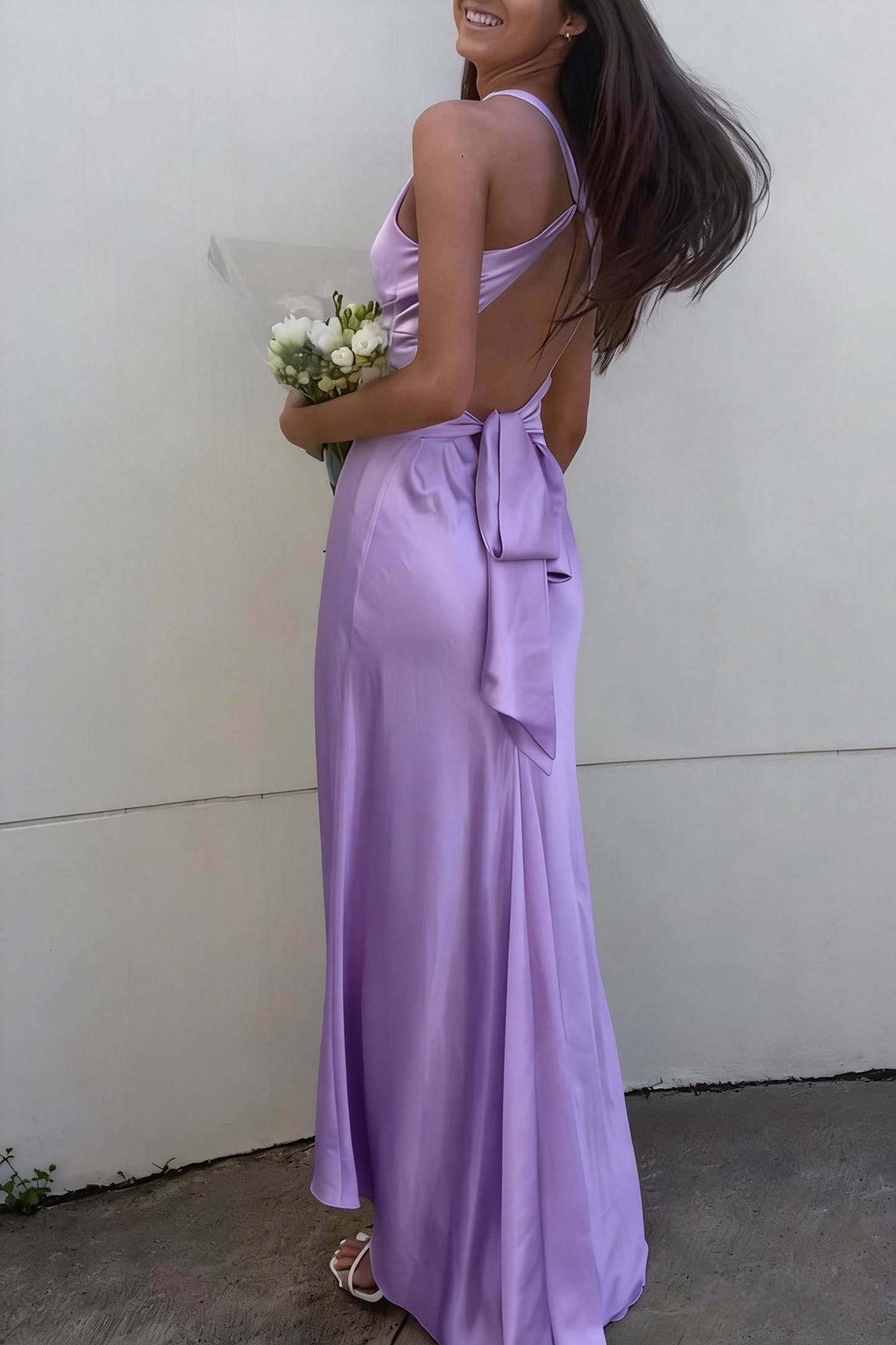 Lavender V-Neck Satin Front-knot Party Dress