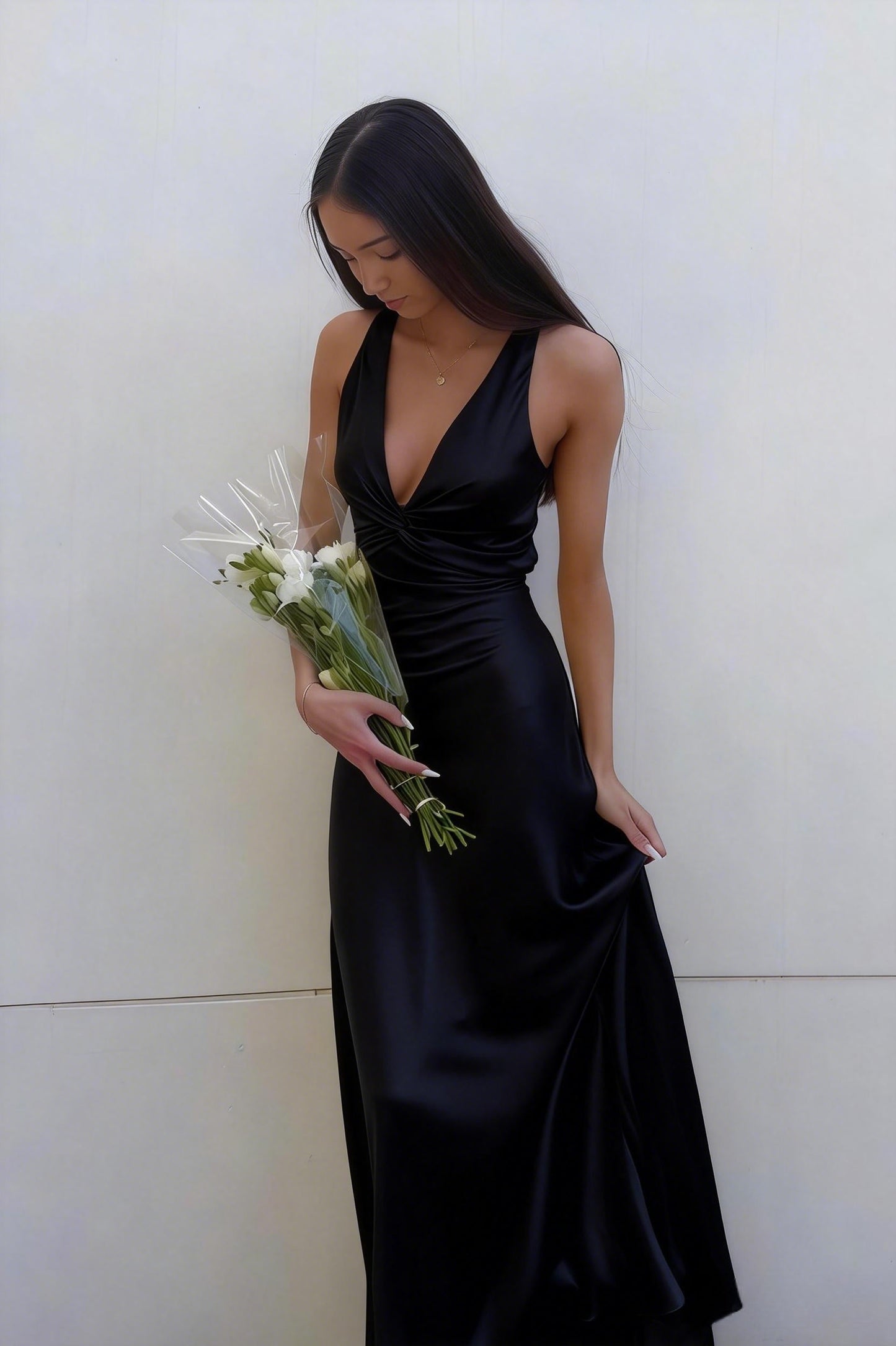 Lavender V-Neck Satin Front-knot Party Dress