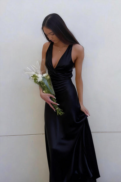 Lavender V-Neck Satin Front-knot Party Dress