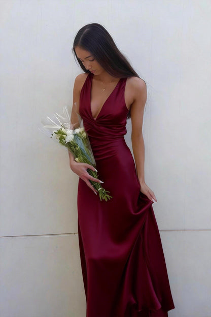 Lavender V-Neck Satin Front-knot Party Dress