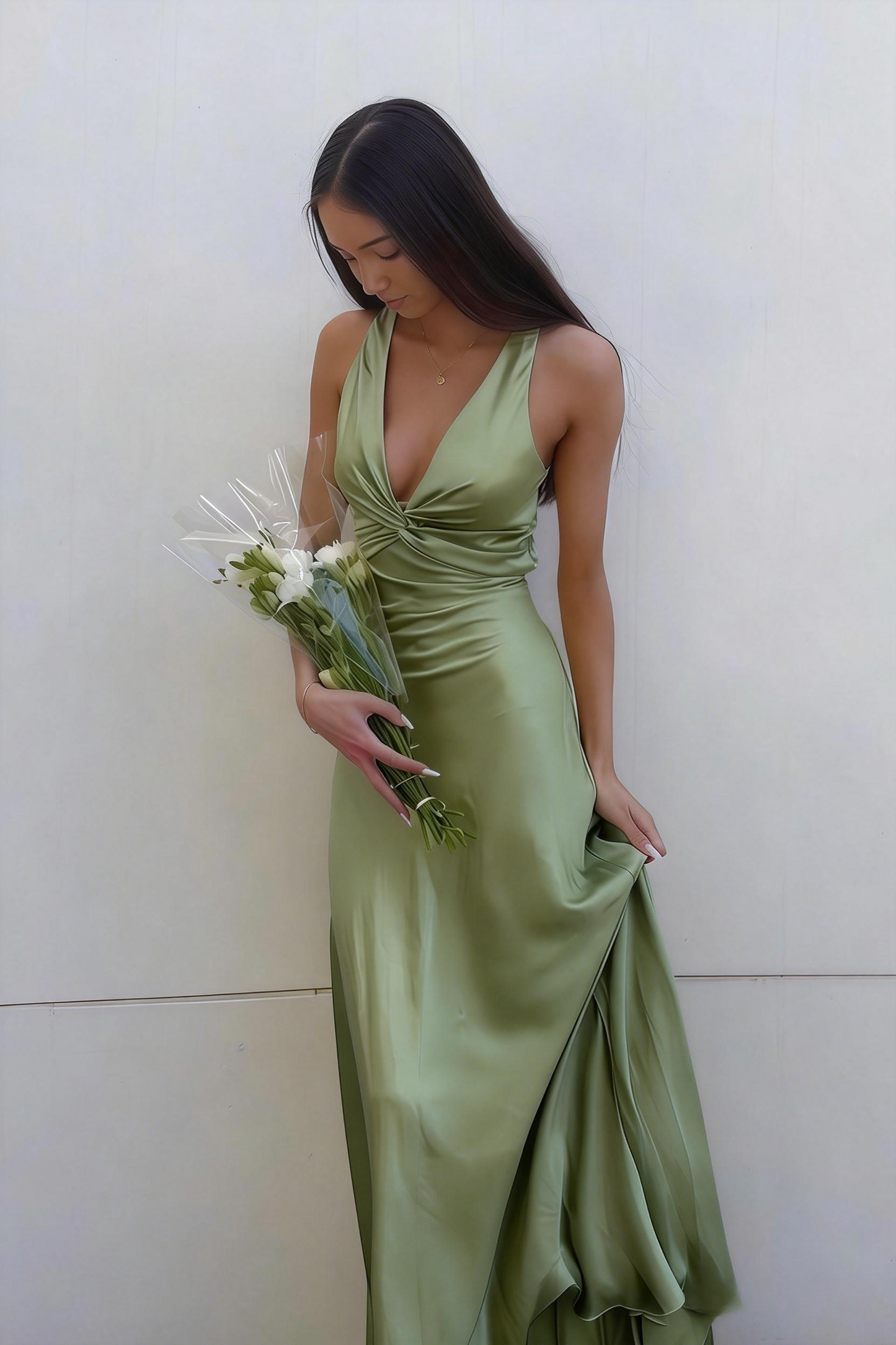Lavender V-Neck Satin Front-knot Party Dress