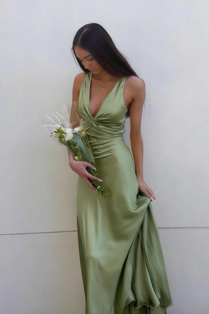 Lavender V-Neck Satin Front-knot Party Dress