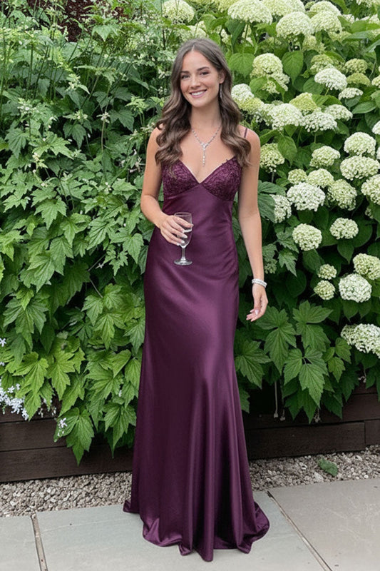 Beaded Purple Soft Satin Sheath Long Dress