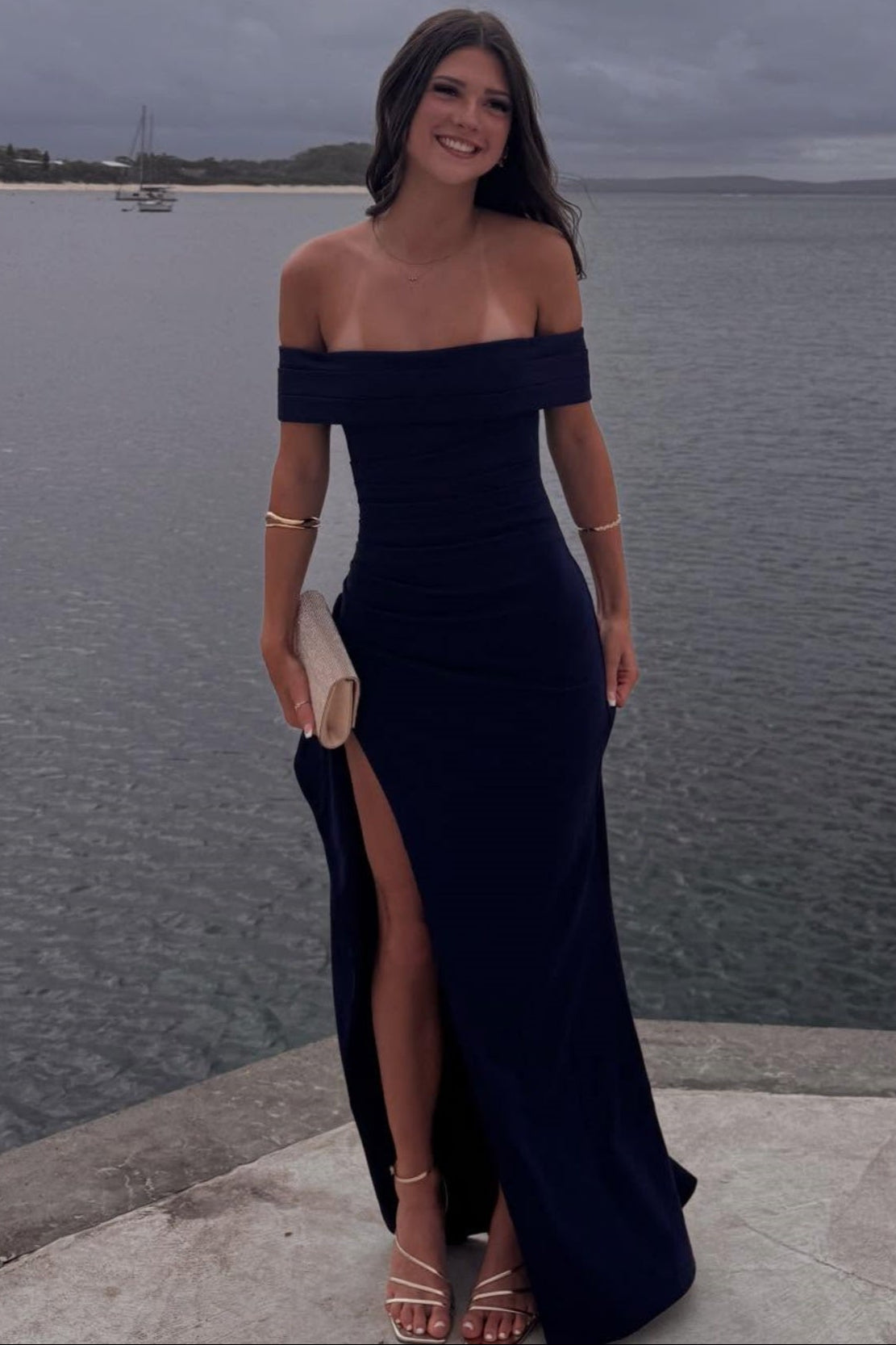 Pink Off the Shoulder Frill Slit Long Dress