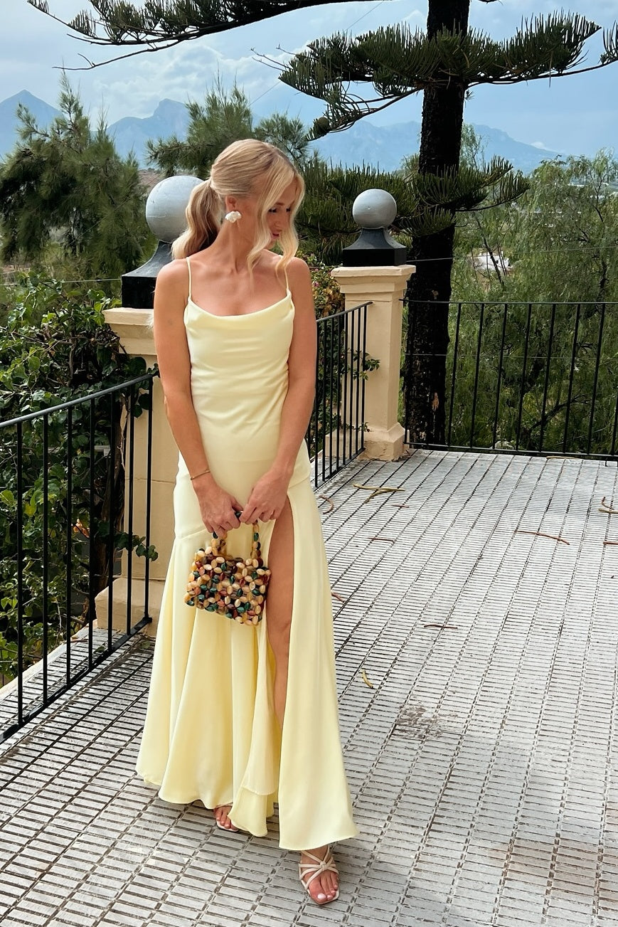 Yellow Spaghetti Straps Long Backless Dress