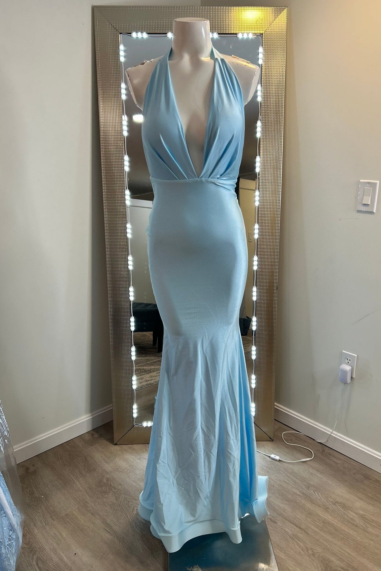 Light Blue Halter-Tie V-Neck Mermaid Prom Dress
