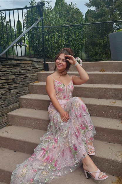 Pink Beaded Floral Mermaid Ruffle Long Dress