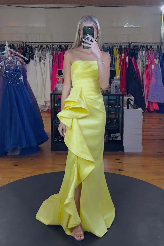 Yellow Strapless Mermaid Ruffle Formal Dress