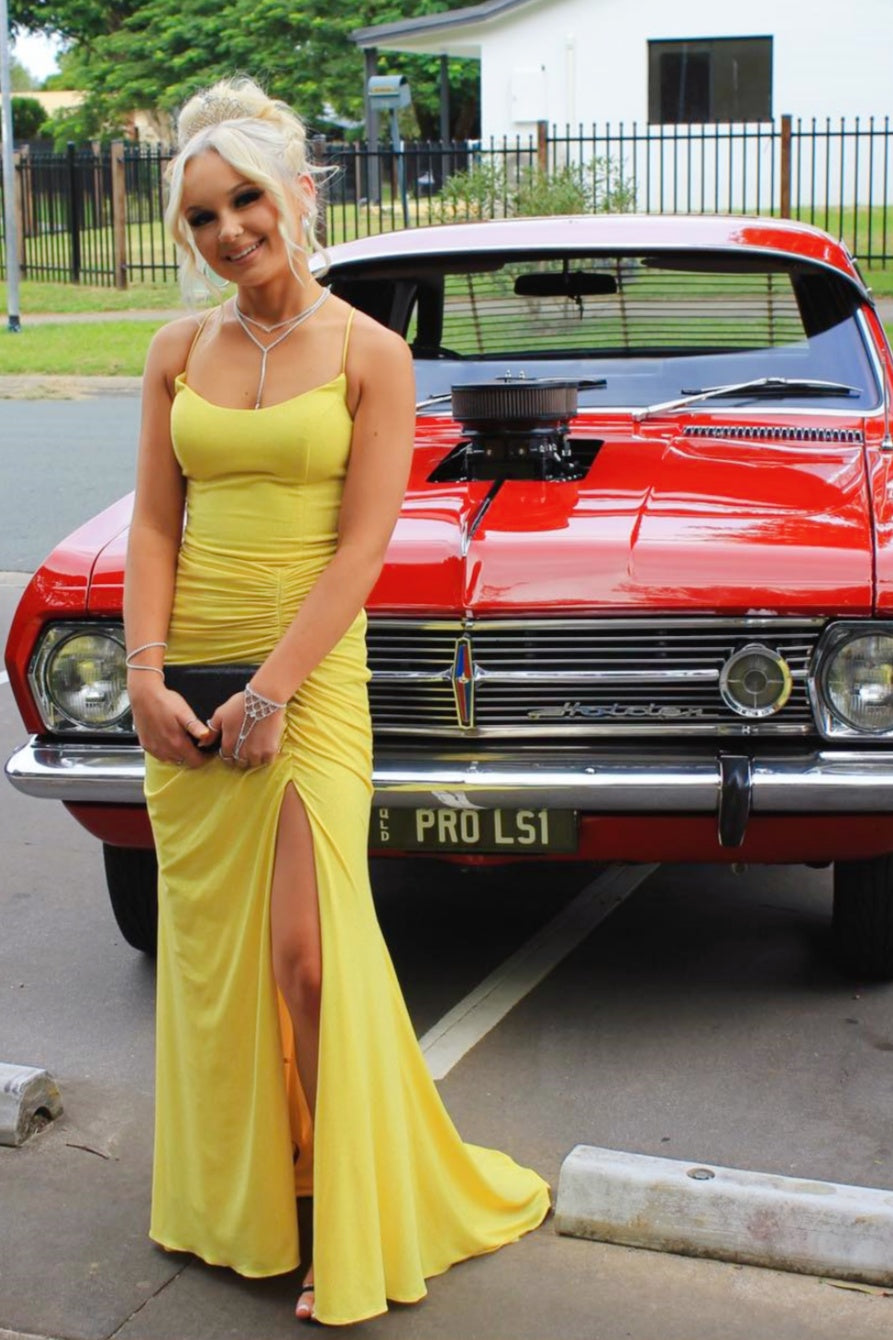 Yellow Spaghetti Strap Slit Mermaid Long Dress