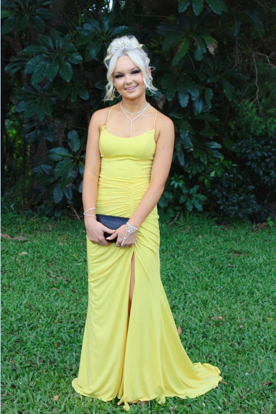 Yellow Spaghetti Strap Slit Mermaid Long Dress