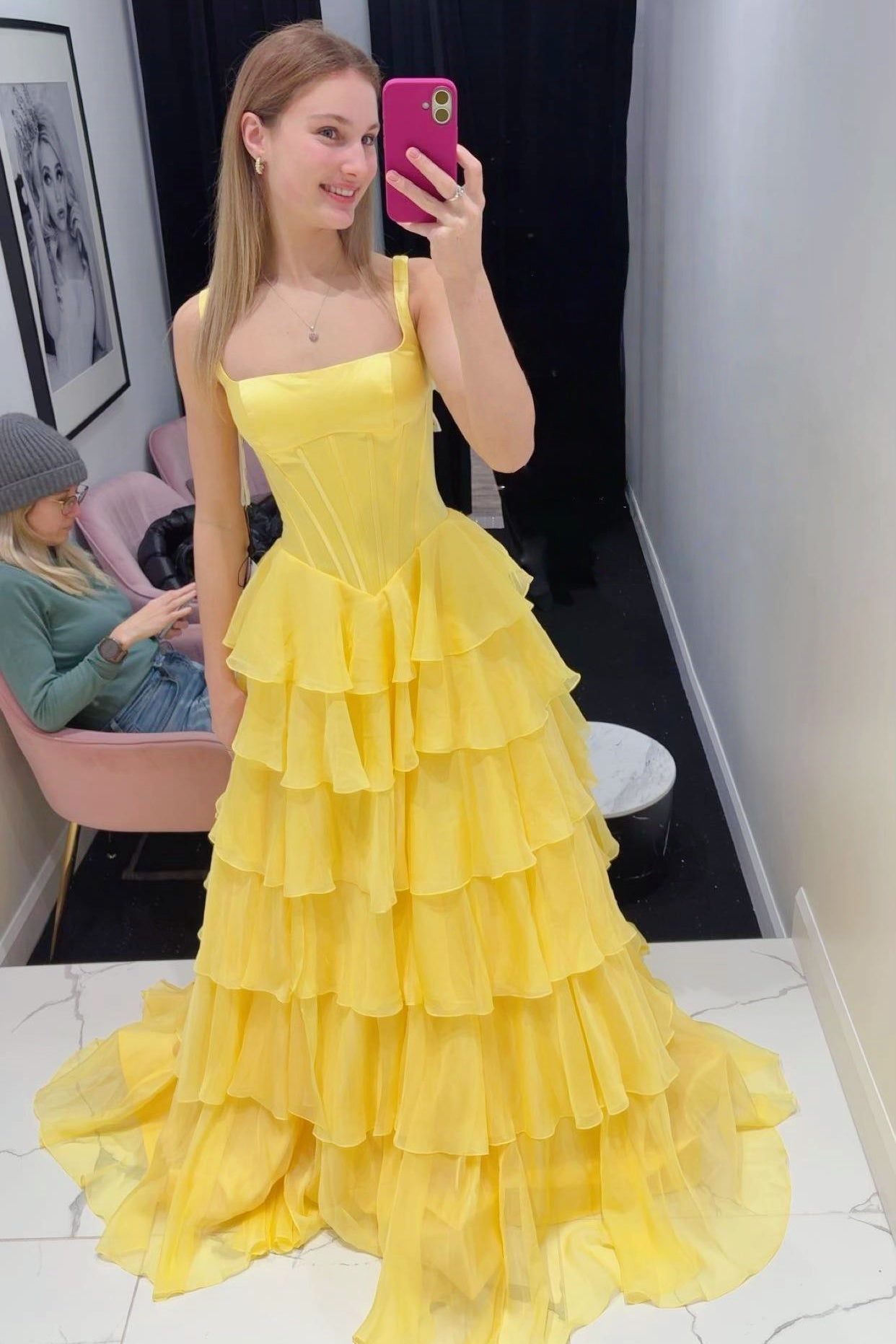 Yellow Square A-line Ruffle Long Formal Dress