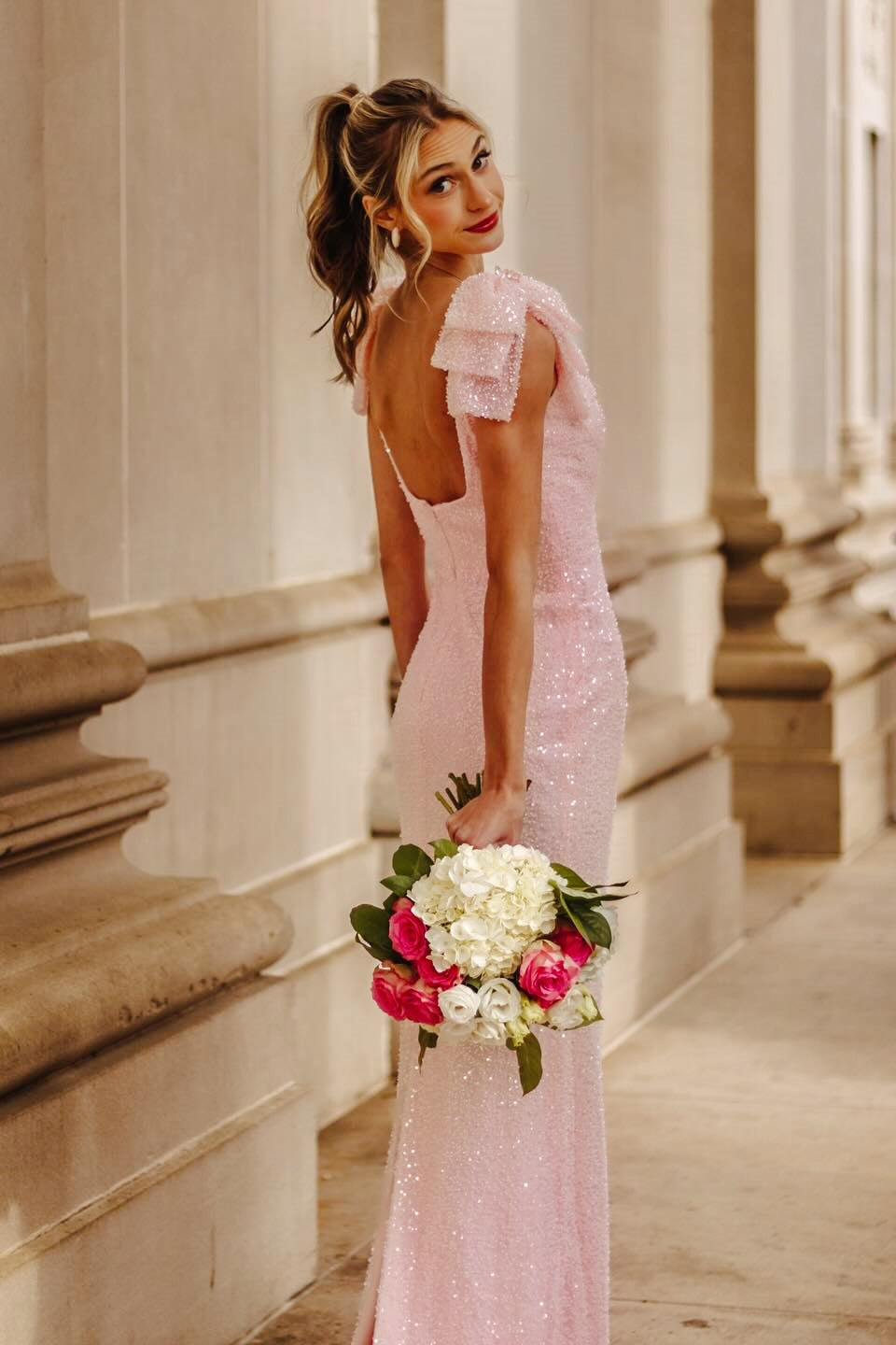 Pink Sequin Bow-Detail Fitted Dress
