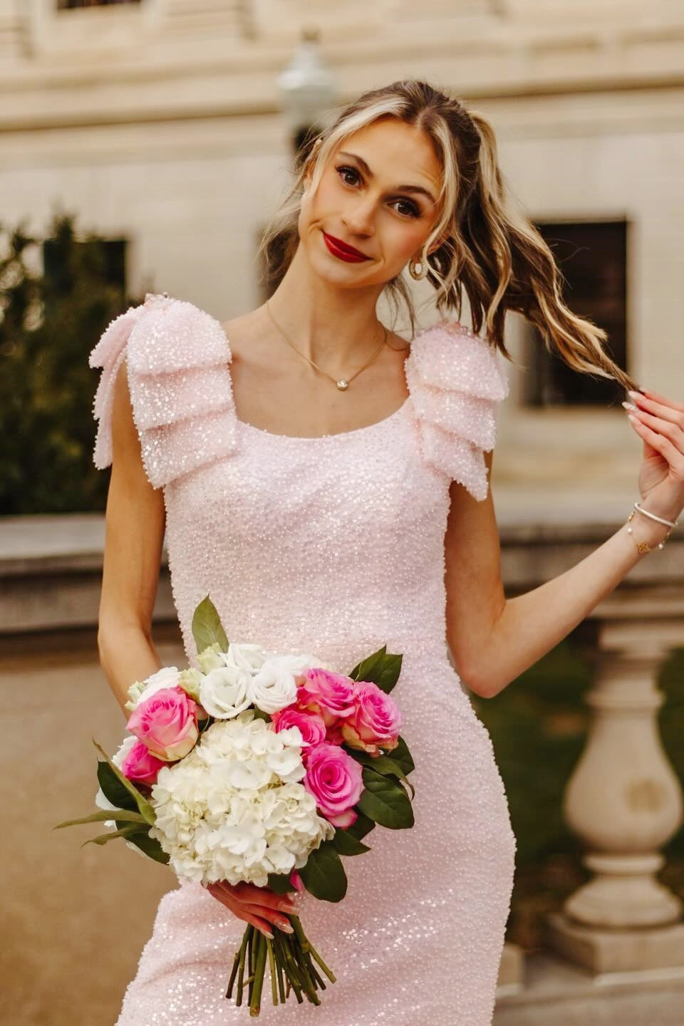 Pink Sequin Bow-Detail Fitted Dress