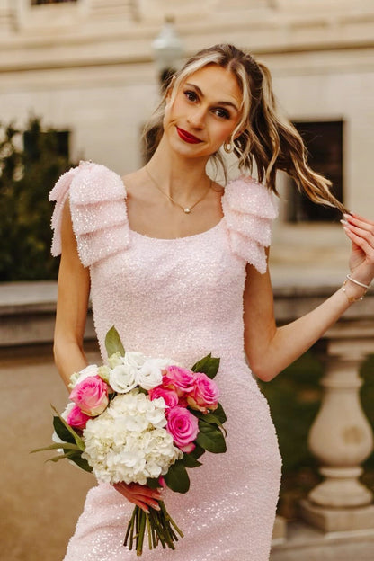 Pink Sequin Bow-Detail Fitted Dress