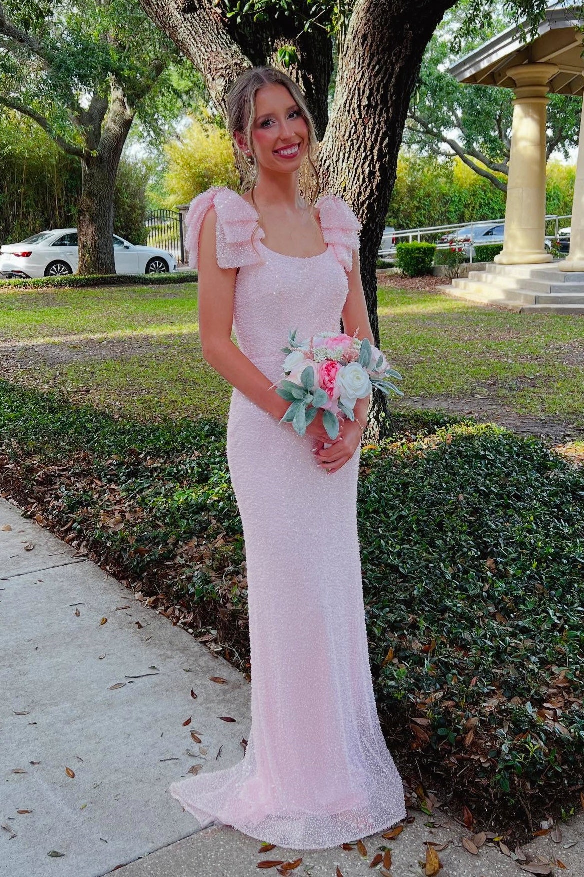 Pink Sequin Bow-Detail Fitted Dress